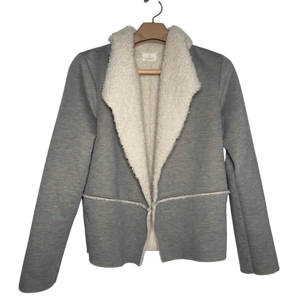 Caslon Soft Cozy Gray White Fleece Open Front Jacket Cardigan Size MEDIUM